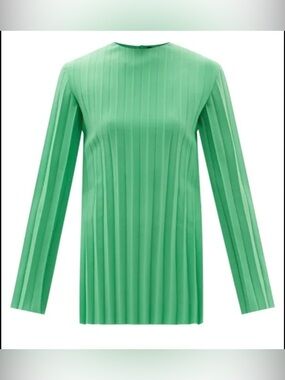 Pleated Long-Sleeve Crewneck Top in Mint Green